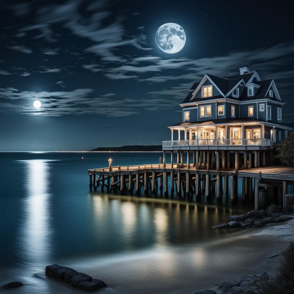 Hyperrealistic Moonlit Inlet with Pier and House