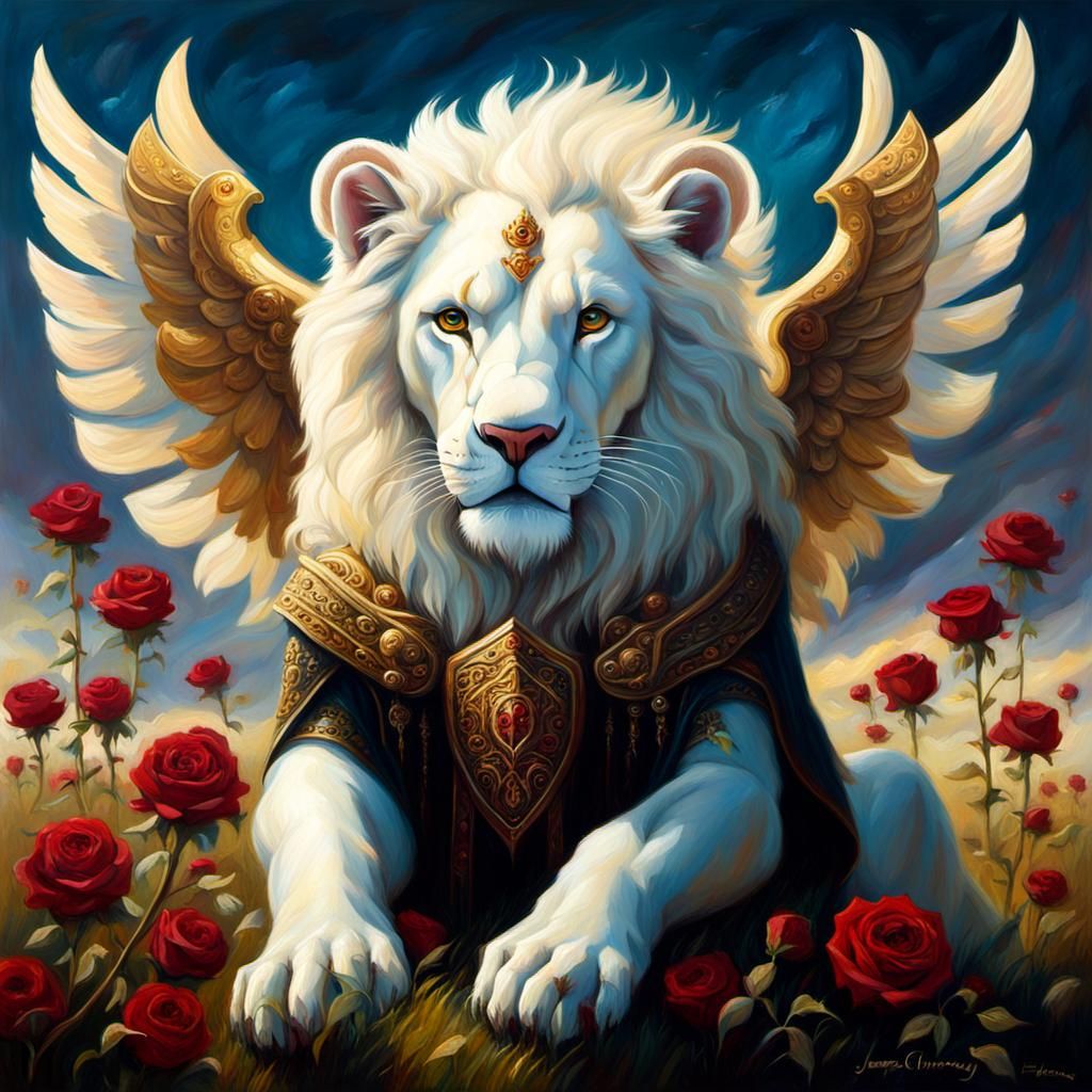 Winged Lion in Rose Field: Gothic Dark Fantasy