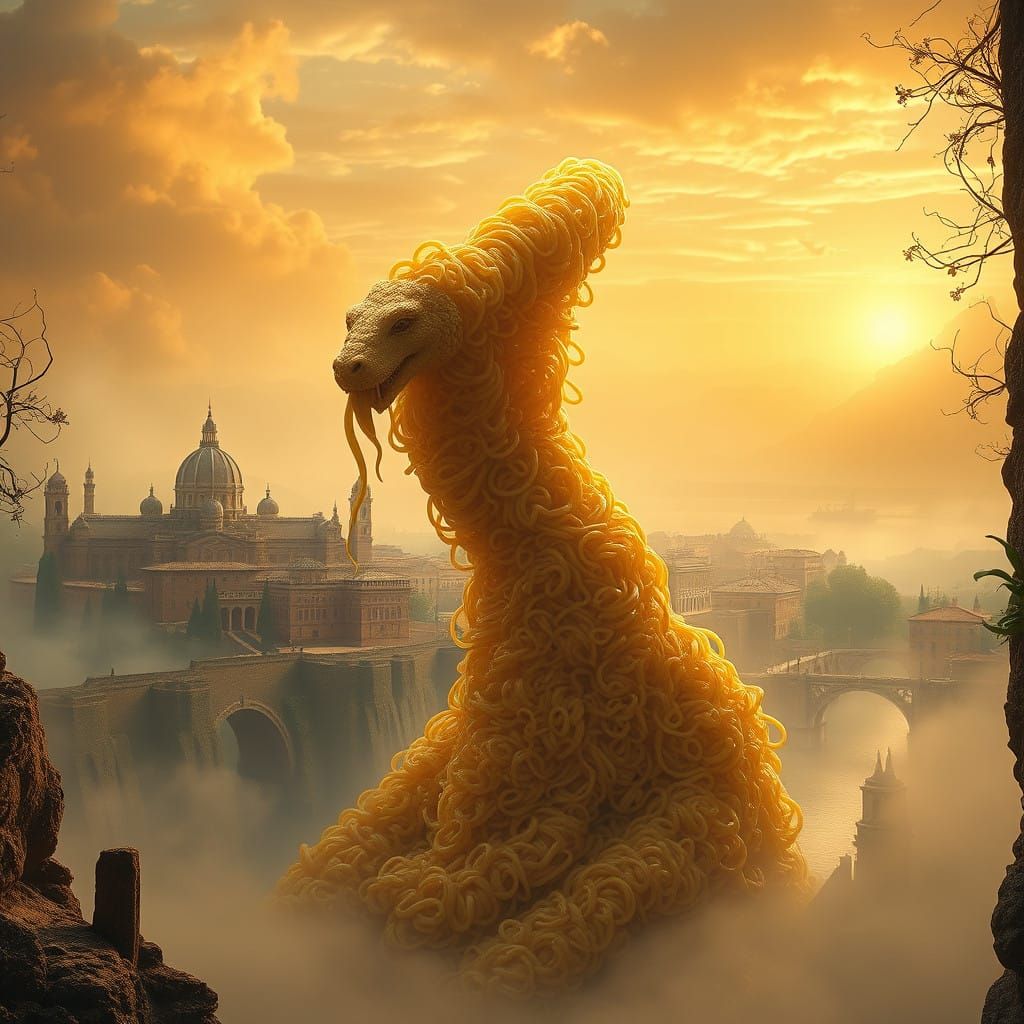 Serpentine Pasta Monster Rises from Golden-Hued Italian Land...