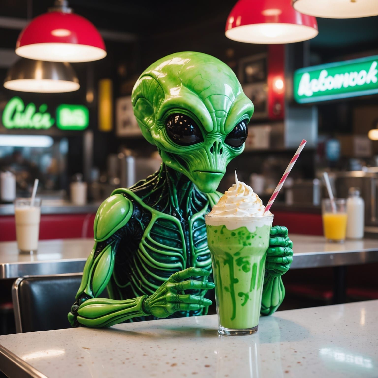 Alien Sipping Milkshake in Alcohol Ink Style