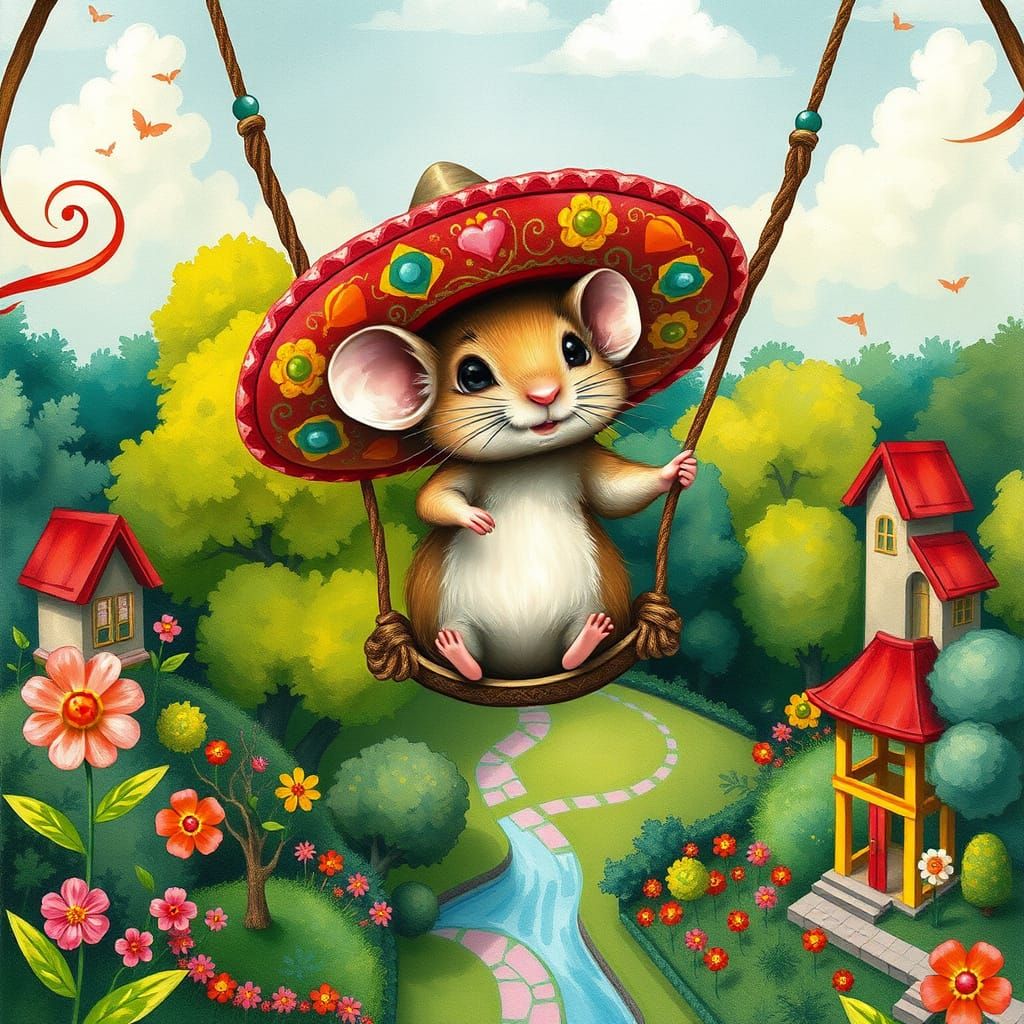 A cute little mouse with a sombrero hat in a park on a swing