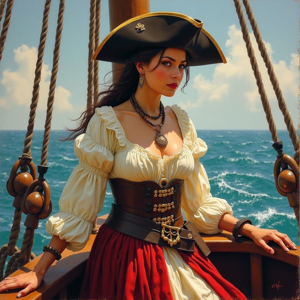 Beautiful Pirate Girl on Deck, Impressionistic Oil Painting