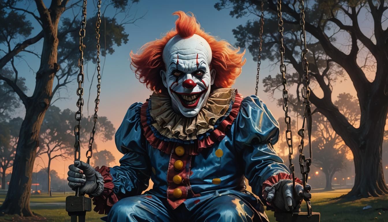 Eerie Clown on Swing in Park, Splash Art Style