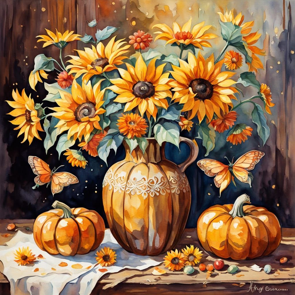 Autumnal Bouquet in Pumpkin Vase: Watercolor Gouache