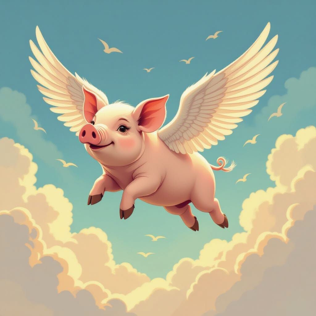 Whimsical Pig with Wings Soaring Through Dreamlike Sky
