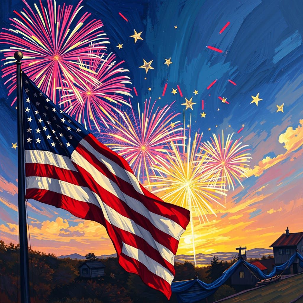 American Flag Waves Amidst Vibrant Fireworks