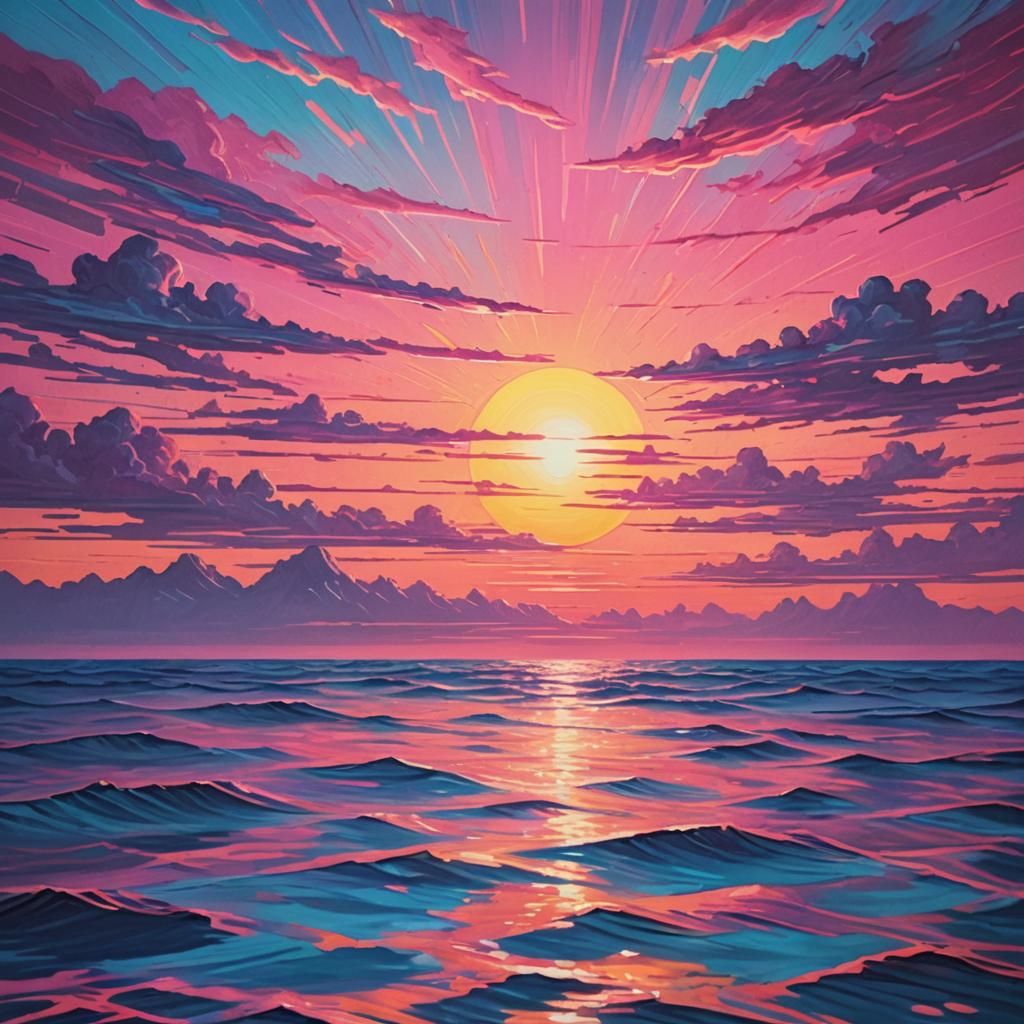 Synthwave Sunset Over Sea in Neon Retro Style