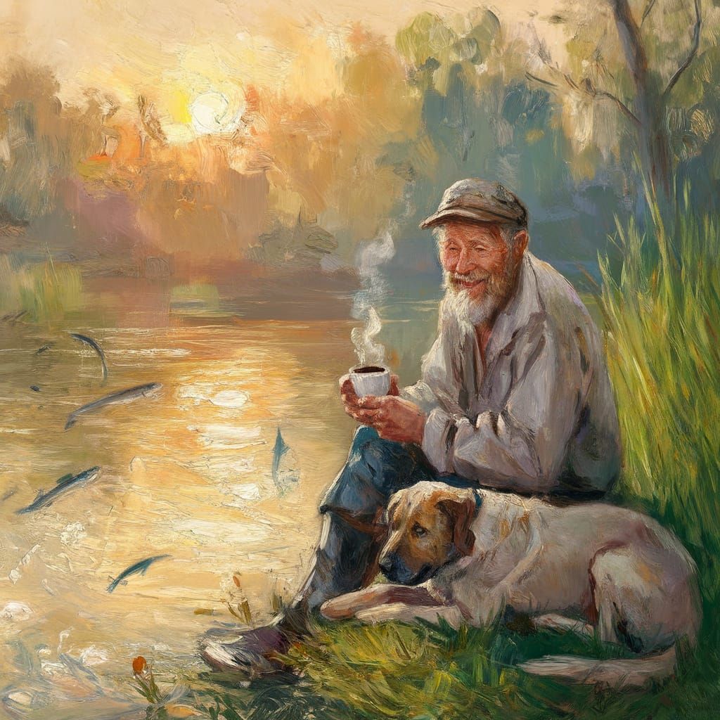 Impressionistic Oil Painting of Fisherman at Sunrise