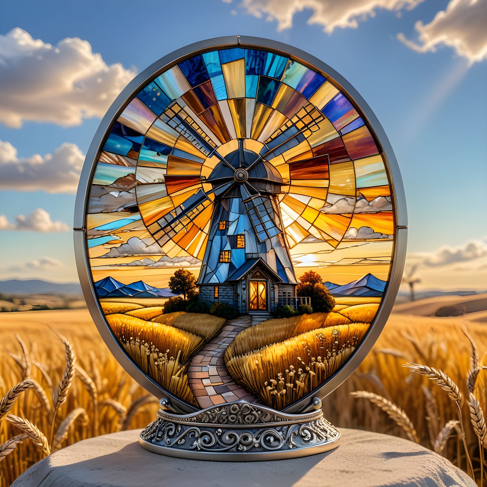 Stained Glass Windmill in Golden Wheat Field