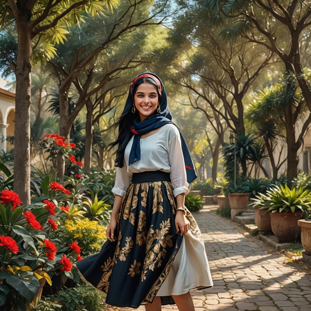 Beautiful Woman in Garden with Fountain, Hyperrealistic