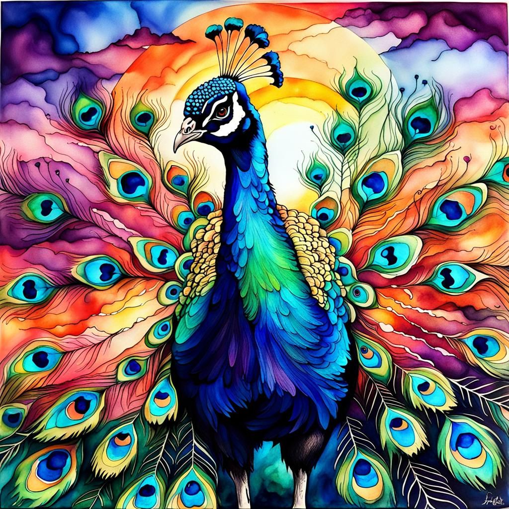 Alcohol Ink Peacock Painting at Sunset