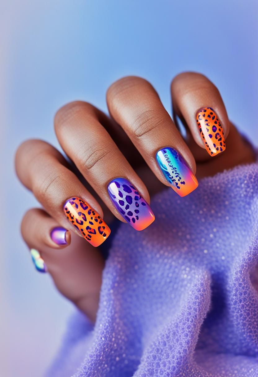 Dynamic Nail Art with Cheetah Pattern in Pop Art Style