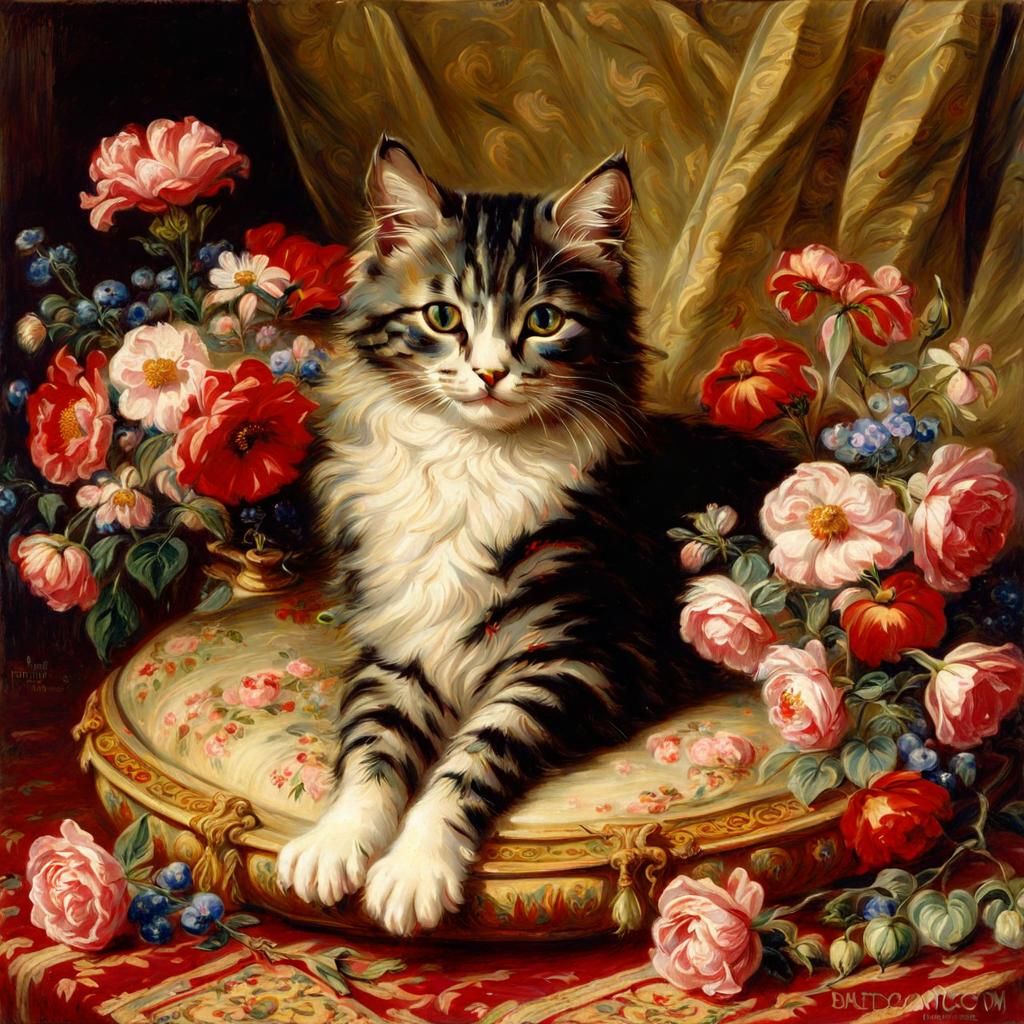 Cat Surrounded by Flowers in Romantic Style