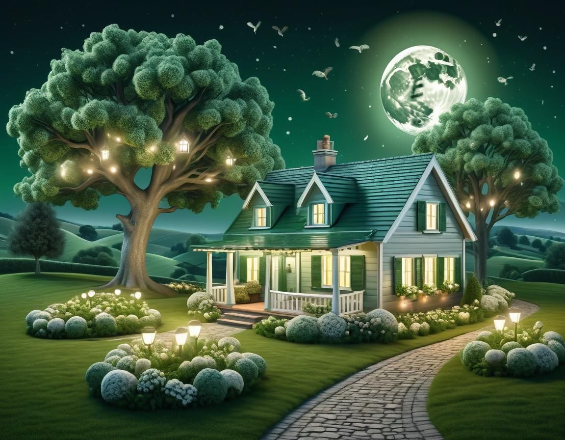 Silver and Green House with Moon in Photorealistic 3D