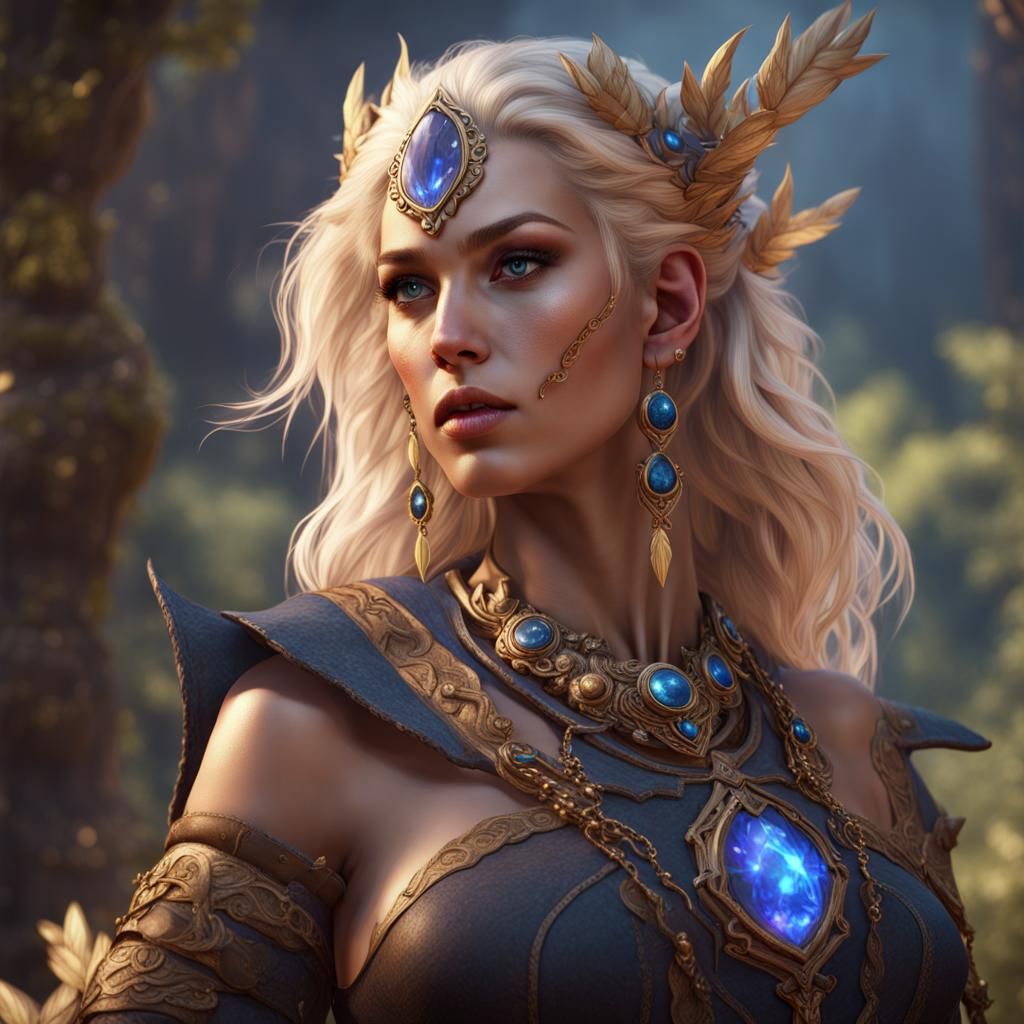 Blonde Earth Genasi Druid with Sapphires