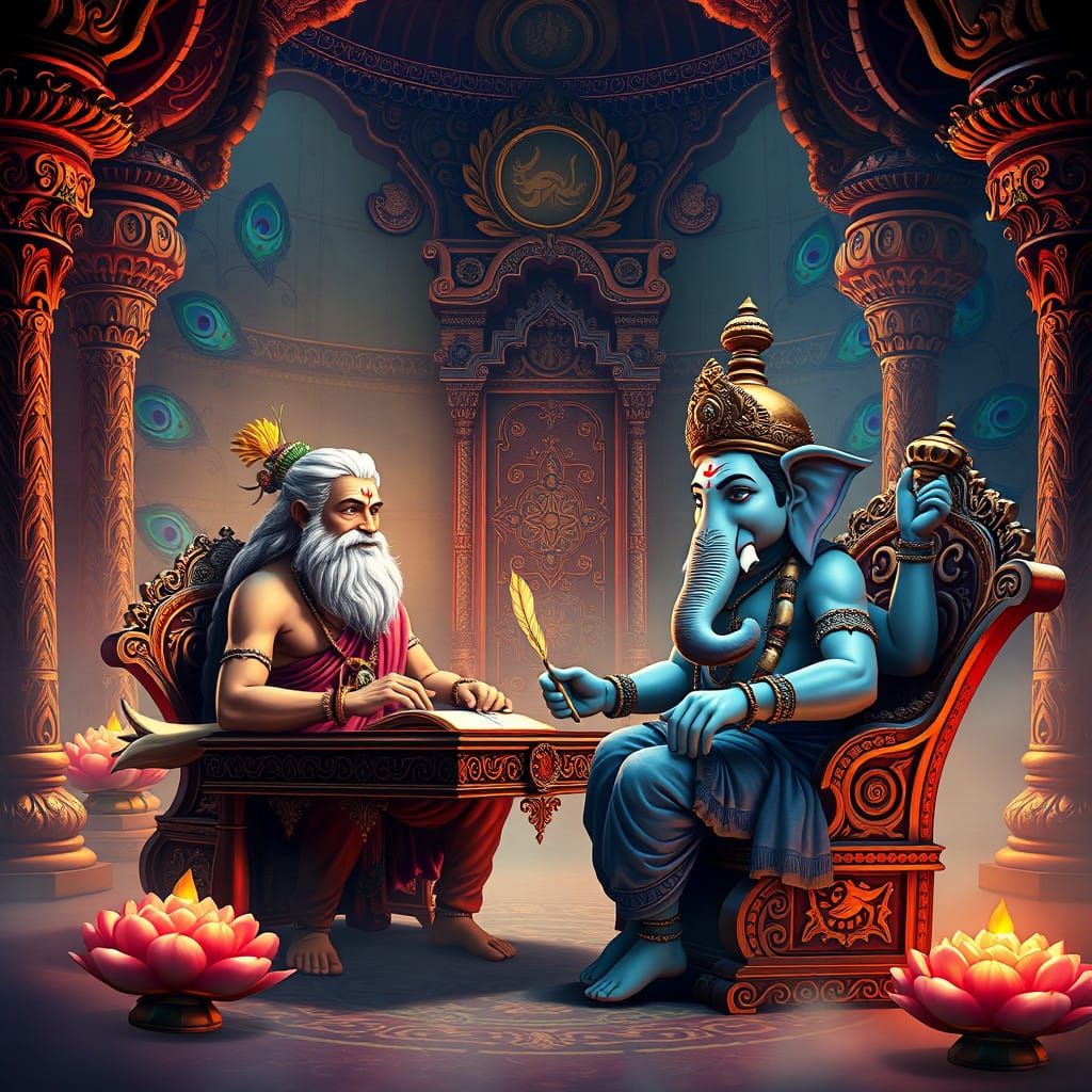 Ganesha and Vyasa in Lavish Indian Chamber: Cinematic Cartoo...
