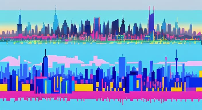 Pixel Art Virtual Reality Cityscape in Abstract Expressionis...