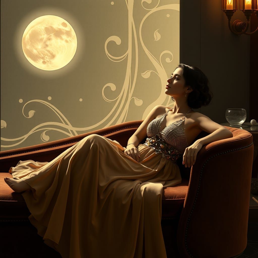 Moonlit Serenity: Art Nouveau Woman in Dreamy Interior