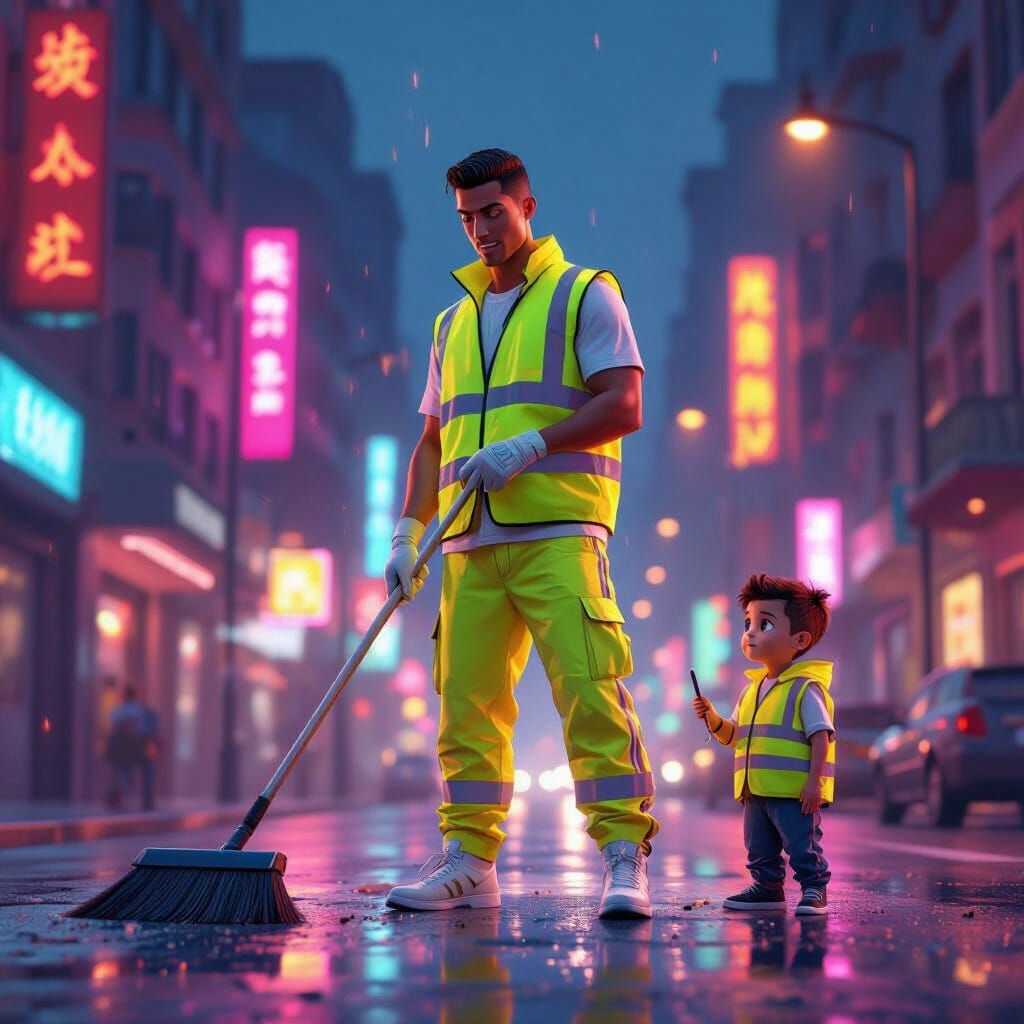 Cristiano Ronaldo: Night Street Cleaner in Pixar Style