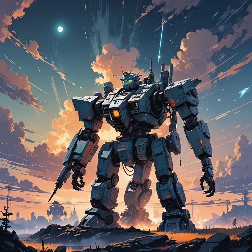 Giant Robot Under Noctilucent Clouds, 8-bit Fantasy Art