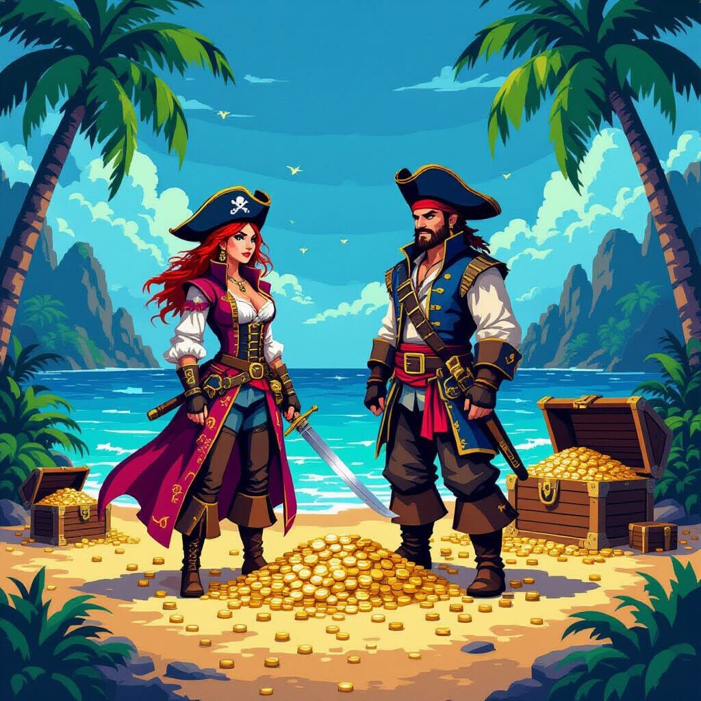 8-Bit Pixel Art Pirates on Treasure Island