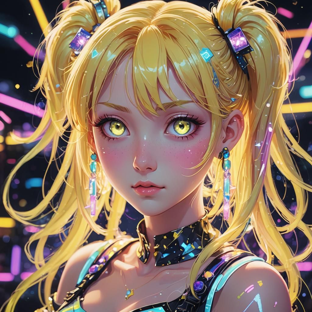Pastel Anime Girl with Neon Glow, 3D Art