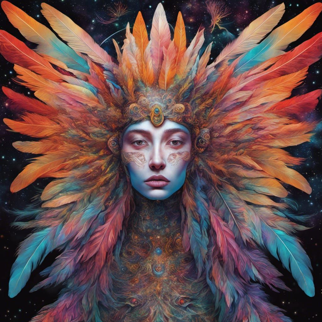 Holographic Astral Bird Person in Mixed Media