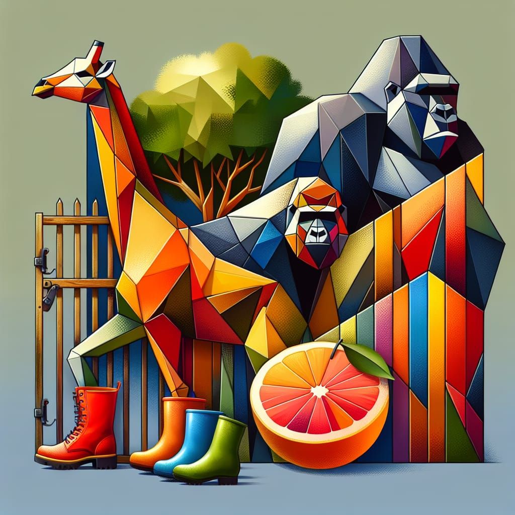 Geometric Neo-Cubist Composition with Animals and Objects