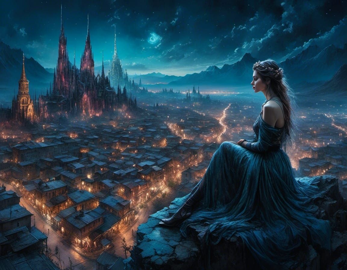 Futuristic Sorceress Over Dystopian Gothic Cityscape