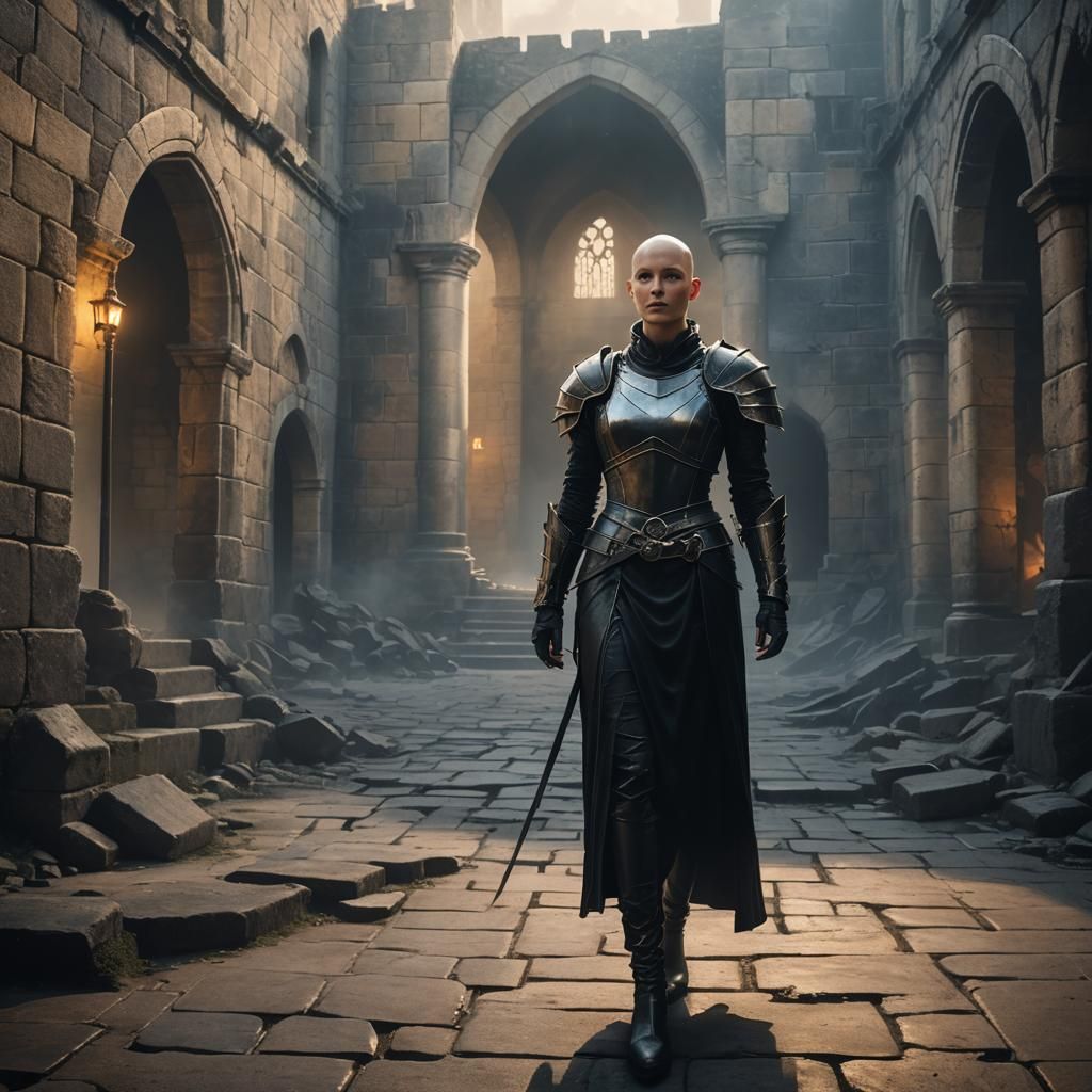 Bald Woman in Ruined Castle Courtyard: Fantasy Art