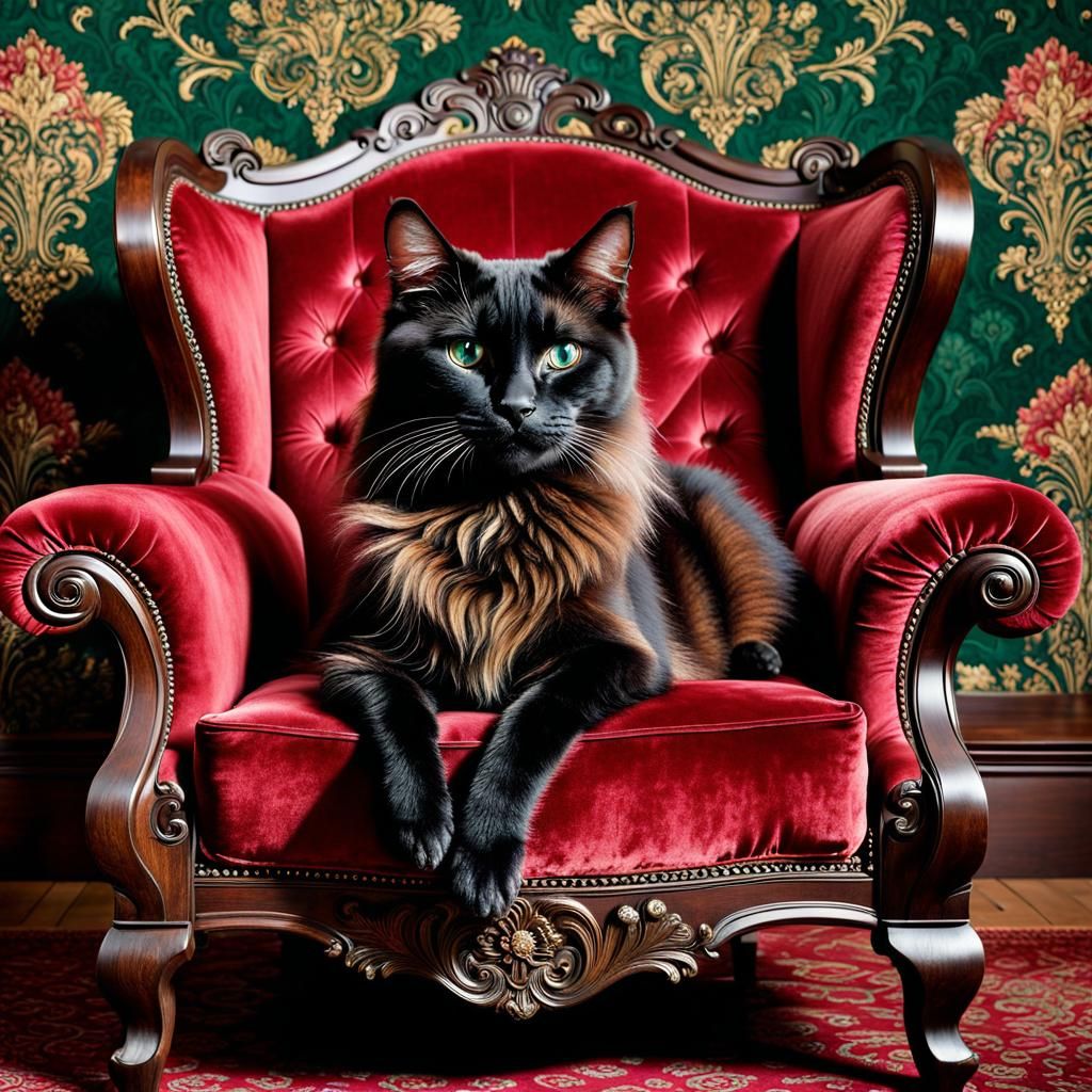 Victorian Cat in Pre-Raphaelite Style Salon