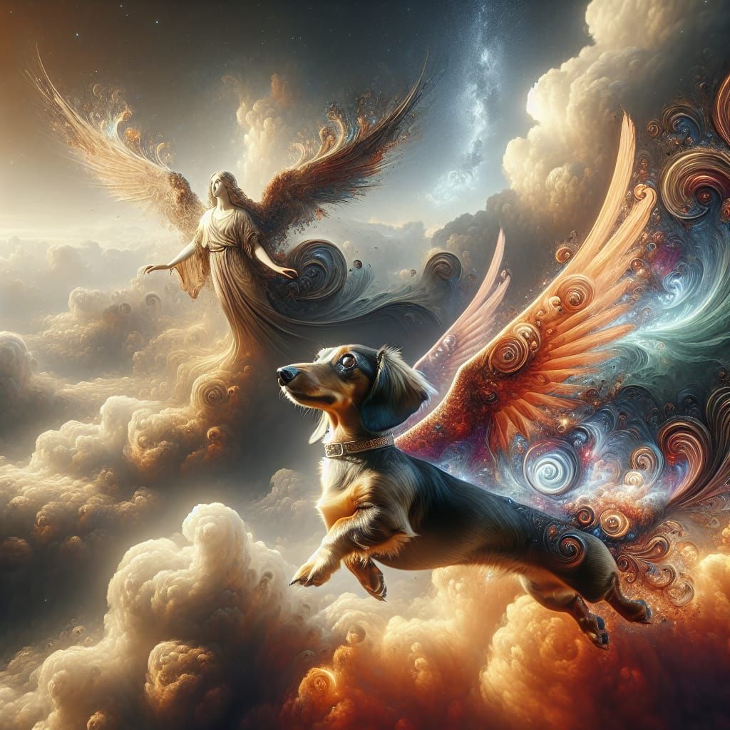 Dachshund Soaring to Heaven: Fantasy Concept Art