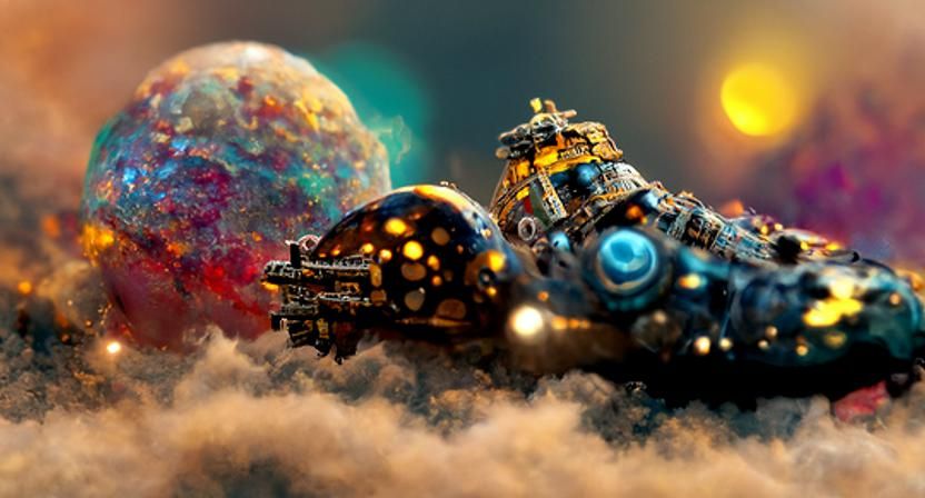 Steampunk Spaceship Among Cosmic Clouds