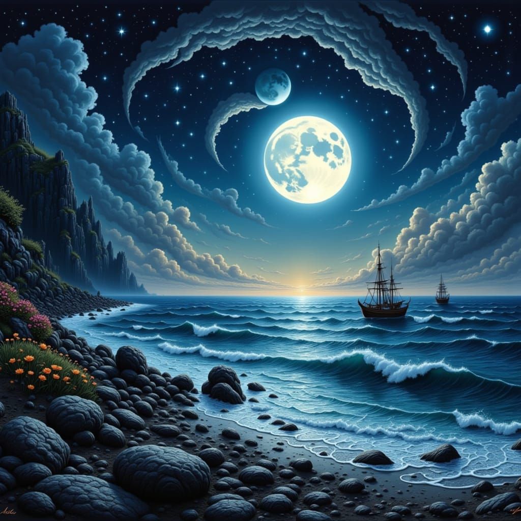 Tranquil Moonlit Seascape at Night