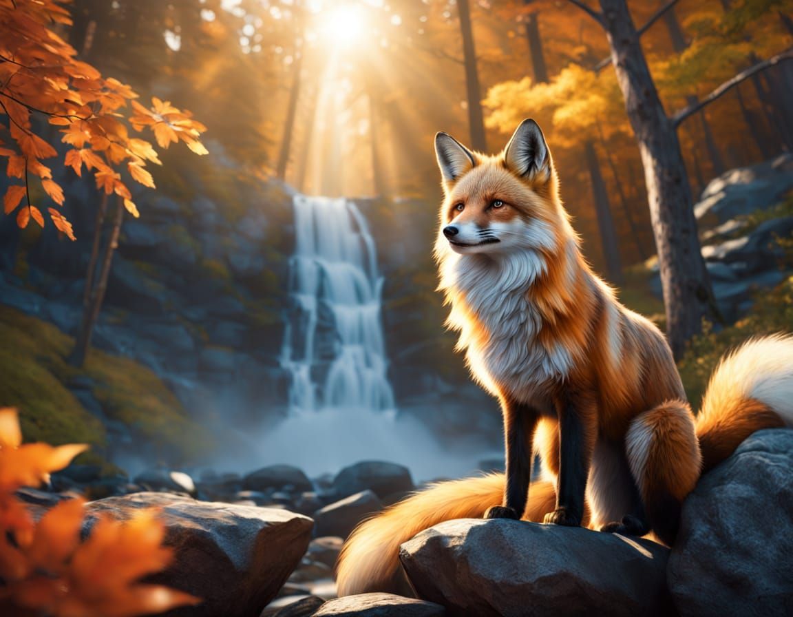 Photorealistic Fox by Autumn Waterfall in Cinematic Style