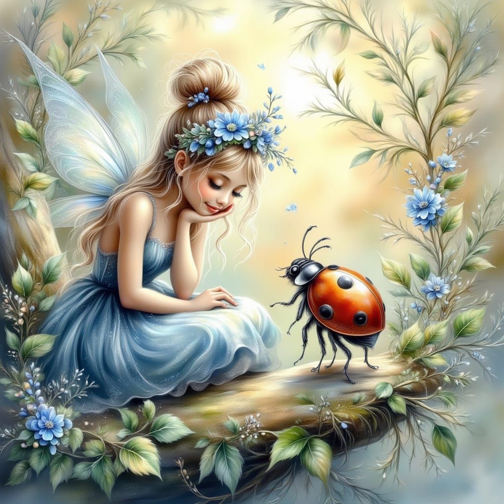 Ethereal Fairy Girl Chats with Ladybug in Golden Hour Light