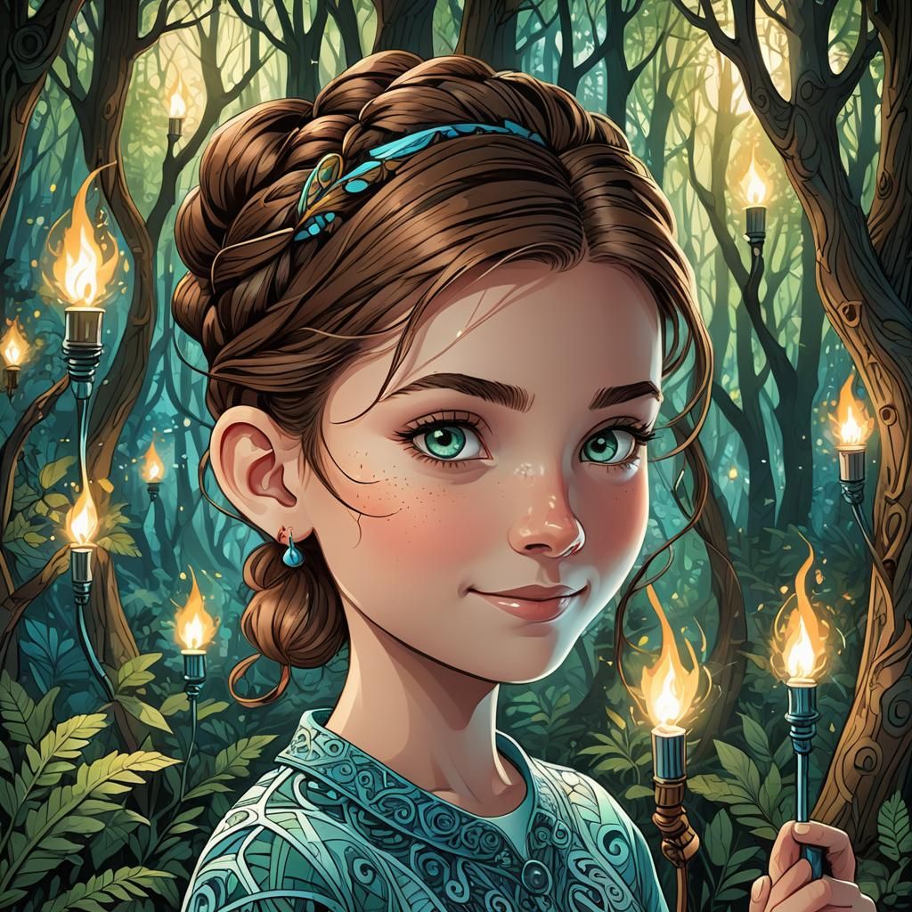 Girl with Torch in Fractal Forest: Digital Art