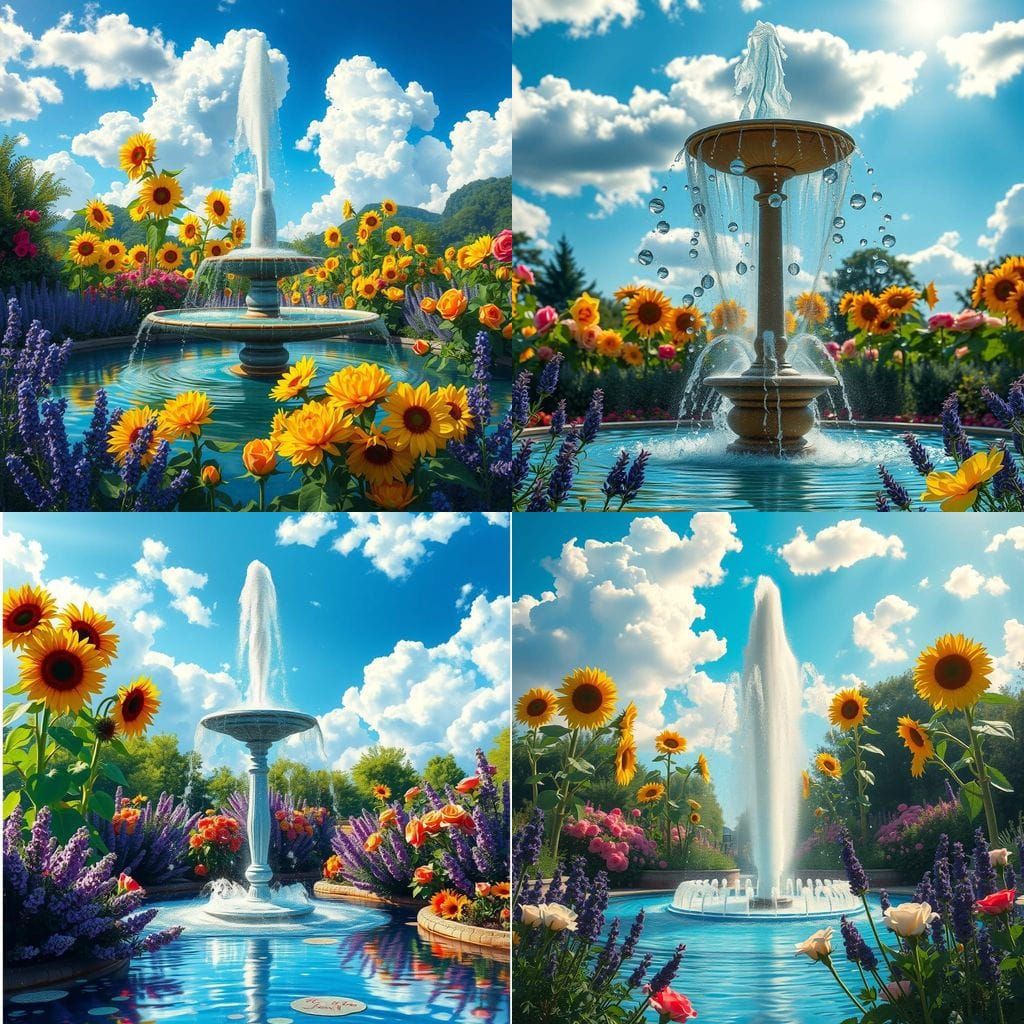 Impressionistic Fountain Reflecting a Lush Garden