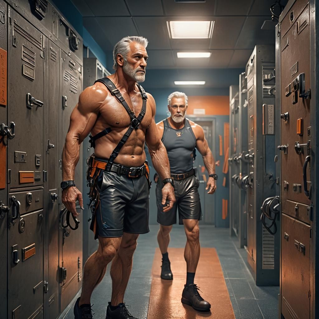 Muscular Silver Haired Man in Locker Room, Leyendecker Style