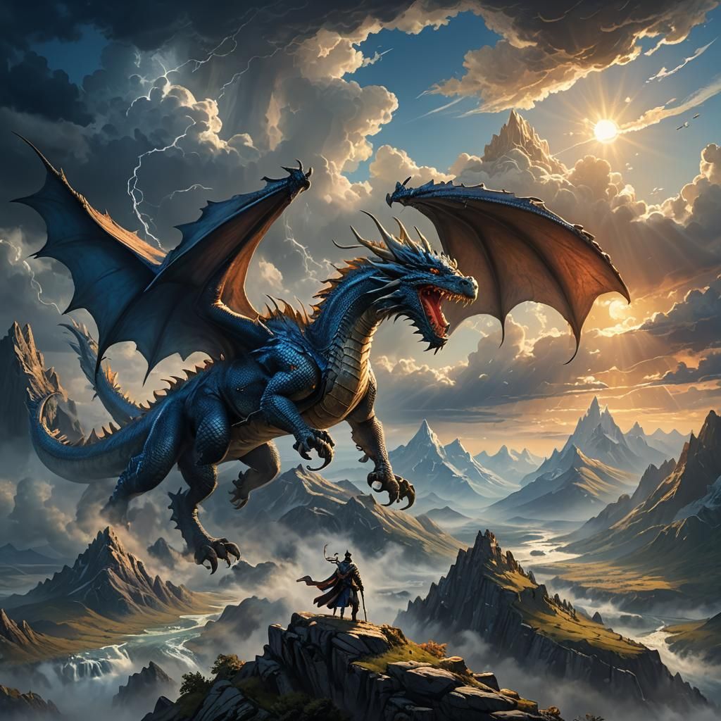 Majestic Dragon Soaring in Stormy Sunset Landscape
