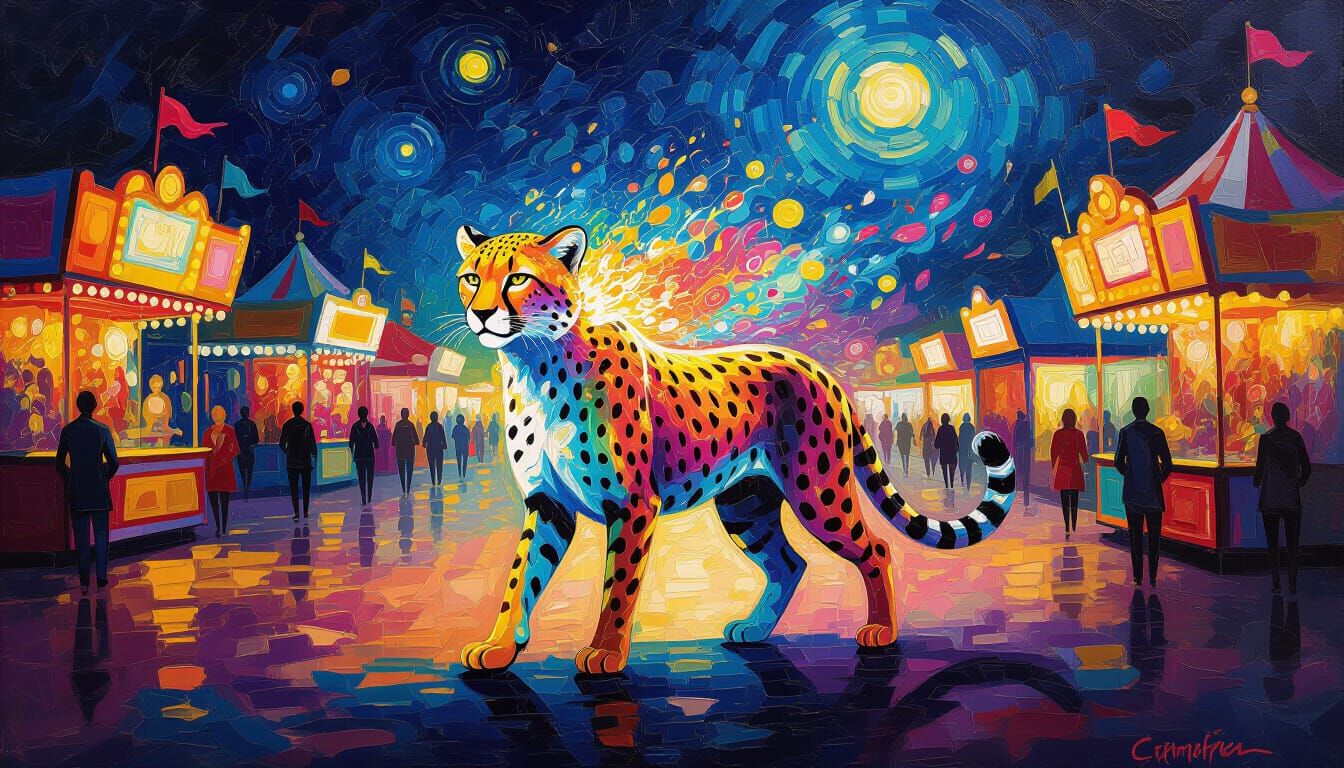 Vibrant Carnival Night with Spectral Cheetah in Impressionis...