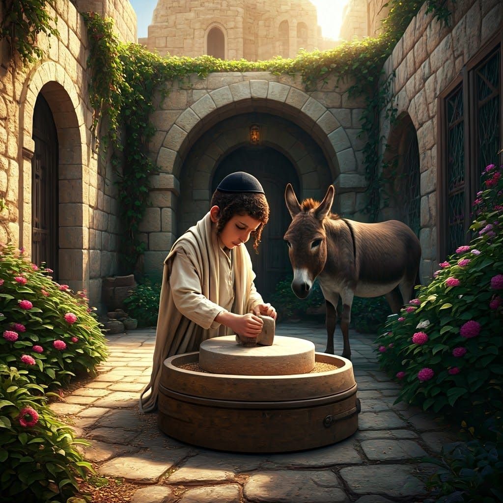 Young Boy in Ancient Courtyard, Grinding Wheat in Traditiona...