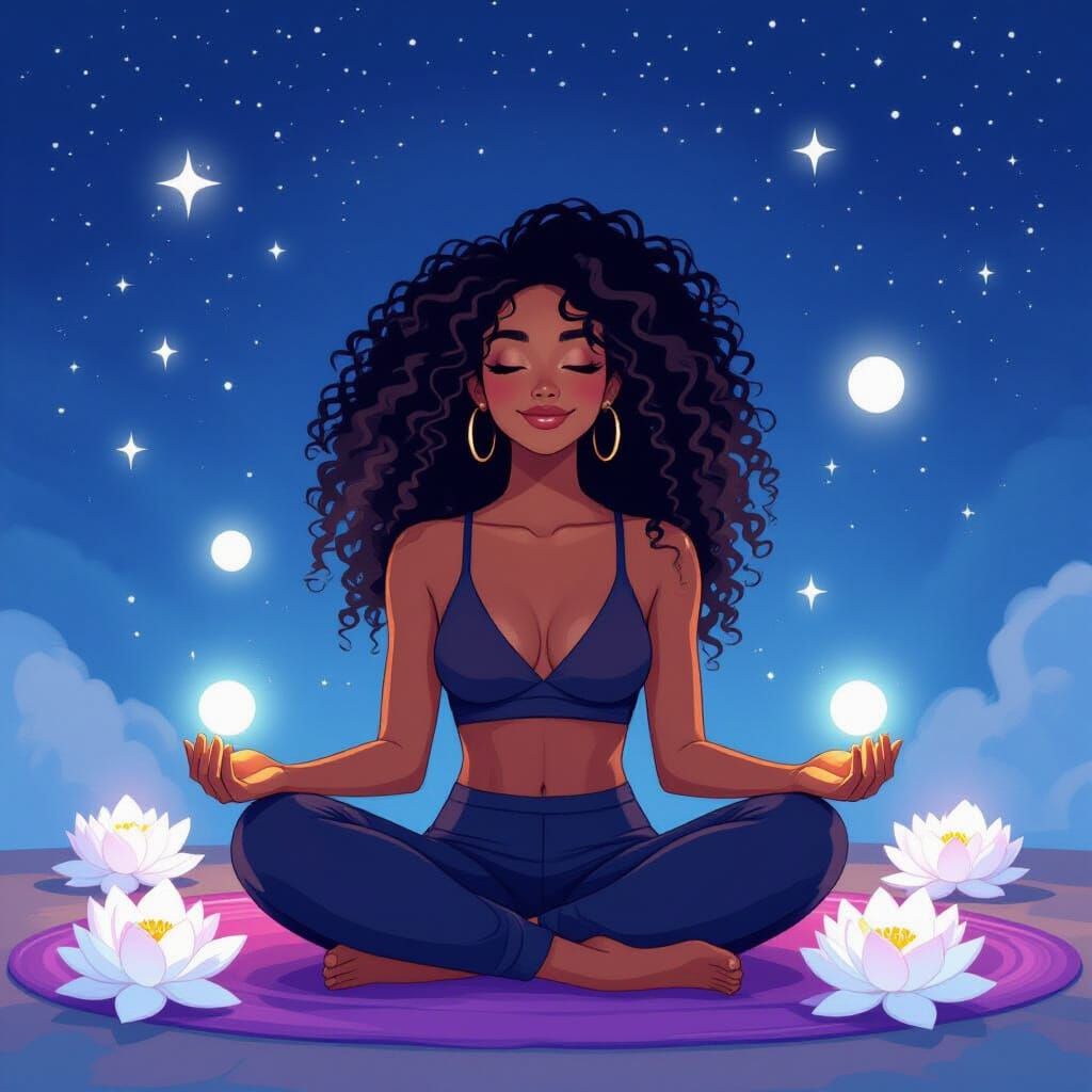 Celestial Woman Meditating Under Starlit Sky