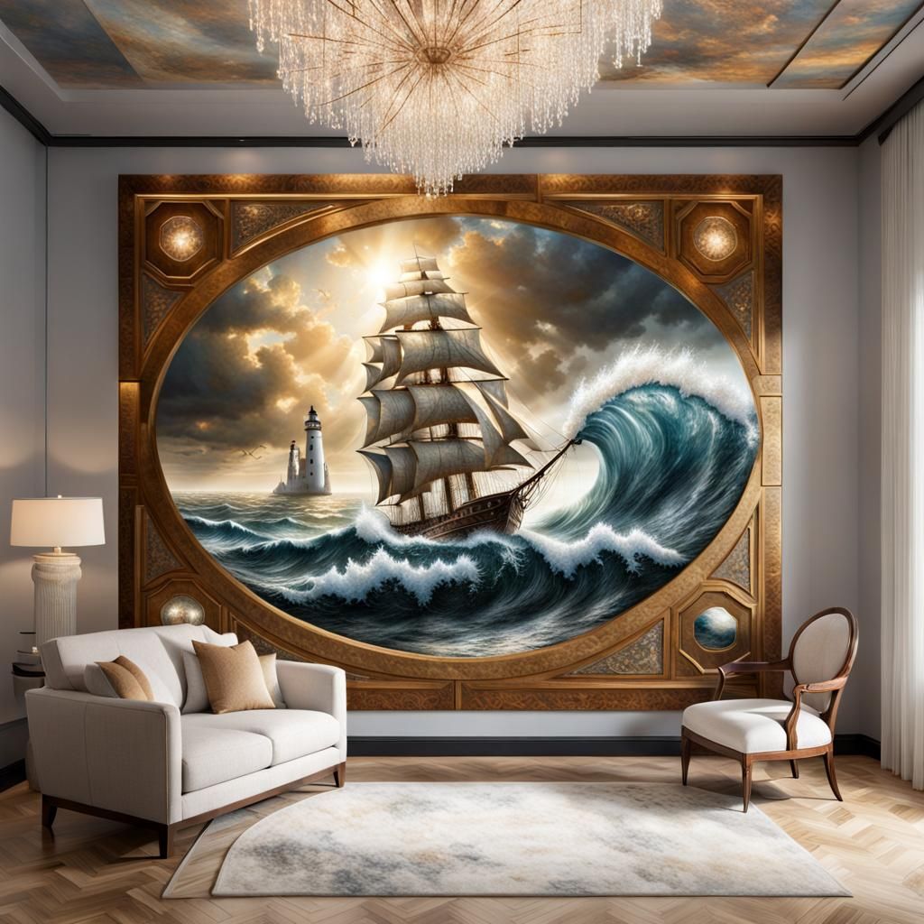 Girl Completes Ocean Puzzle in Art Deco Style