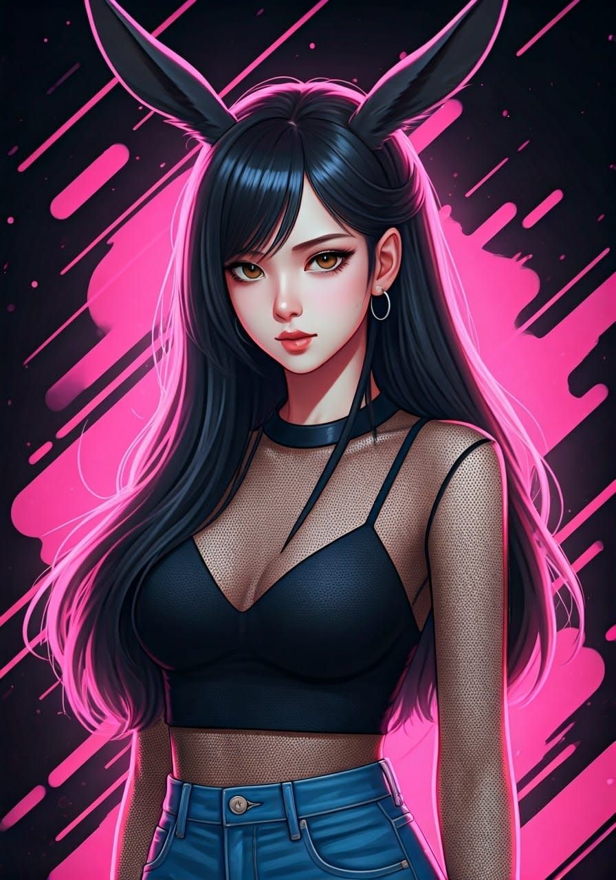 Neon Anime Girl with Rabbit Ears in Shounen Style