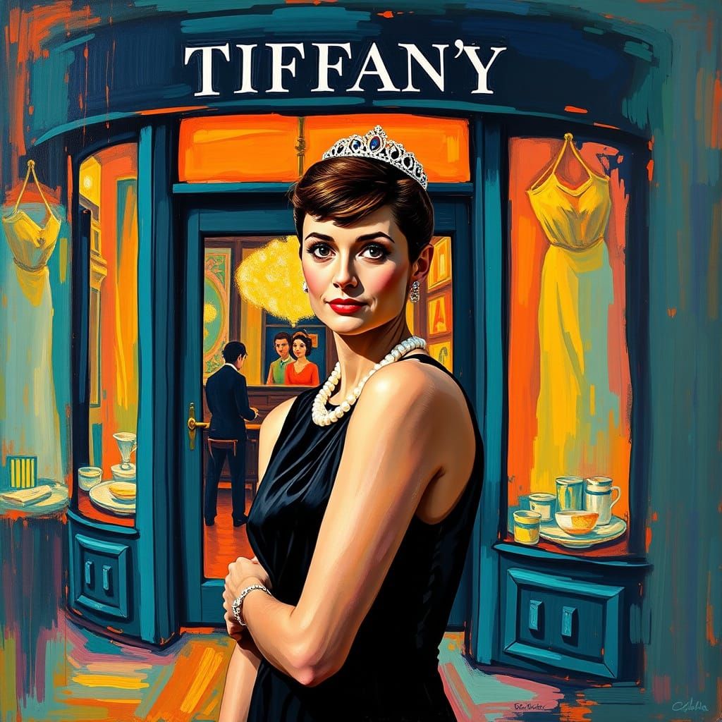 Elegant Audrey Hepburn in a Vibrant Tiffany's Scene