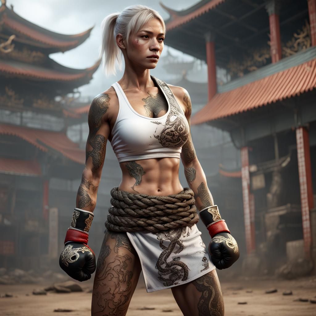 Battle-Worn Muay Thai Fighter with Snake Tattoos