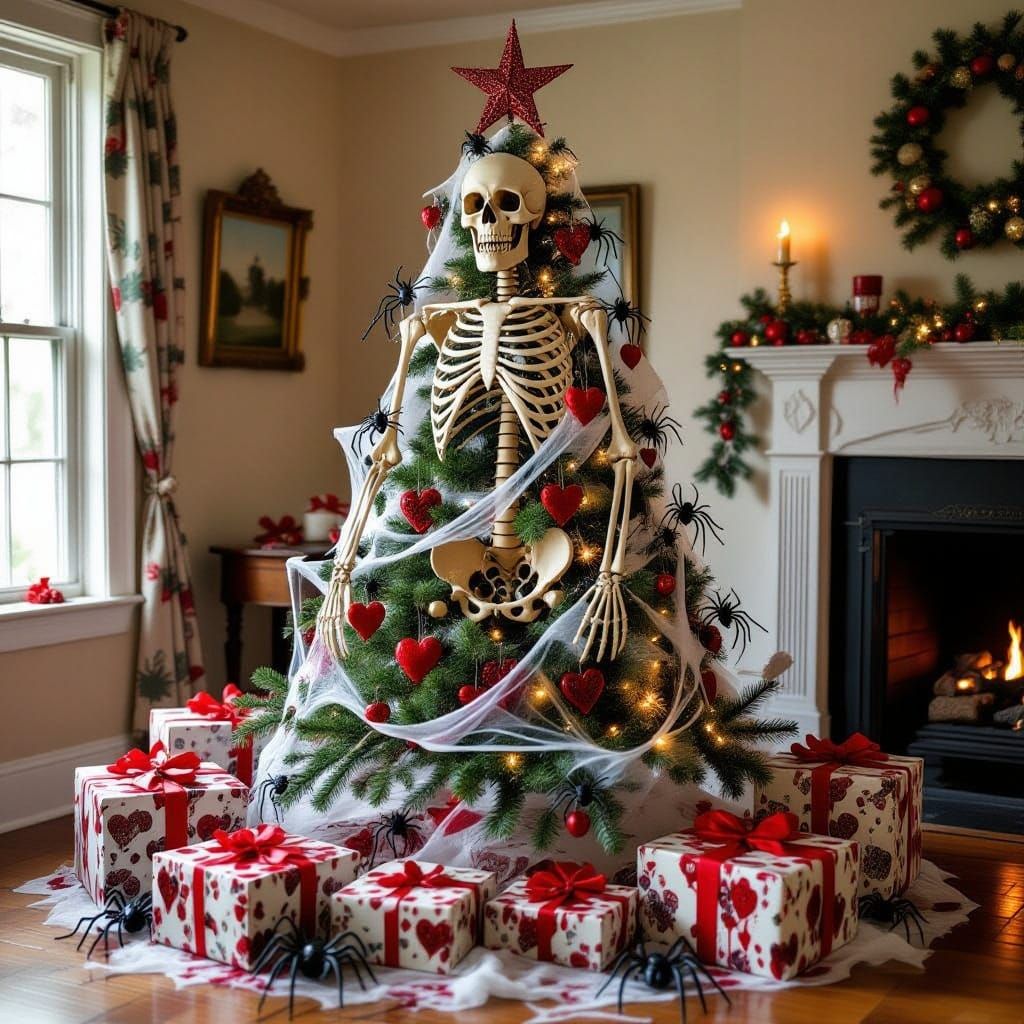 Gothic Skeleton Christmas Tree with Spiders and Hearts