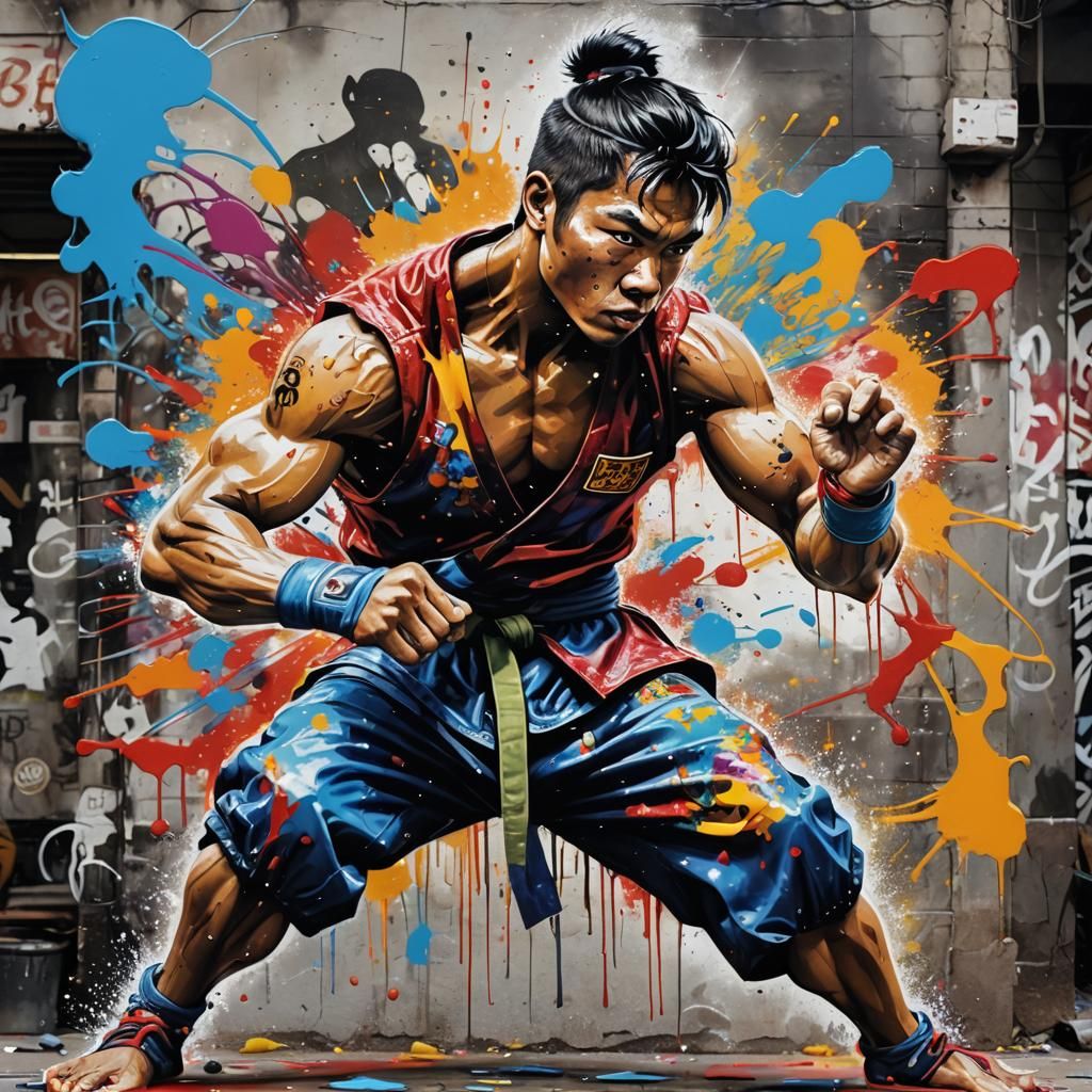 Thai Bo Fighter in Graffiti Splash Art Style
