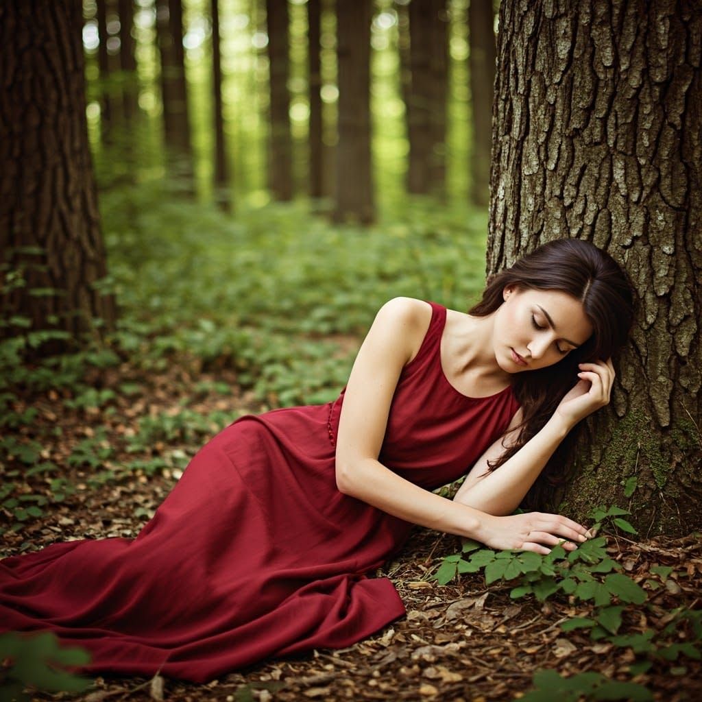 Sleeping Beauty in a Red Dress in the Forest